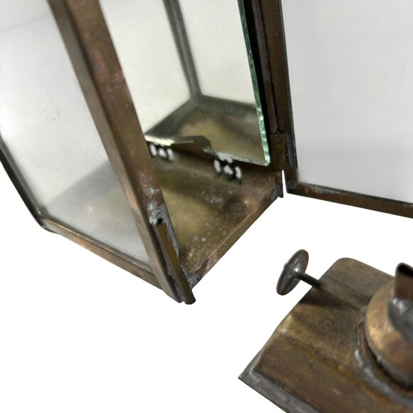 Vintage Brass Glass Panel Lamp Lantern Mirror 6" Tall Handle Primitive NO Wick - Picture 8 of 12